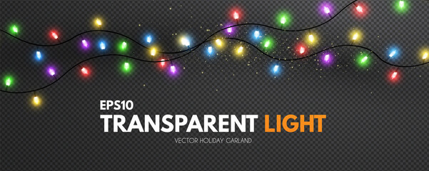 Colorful light garland on transparent background. Shining Christmas lights