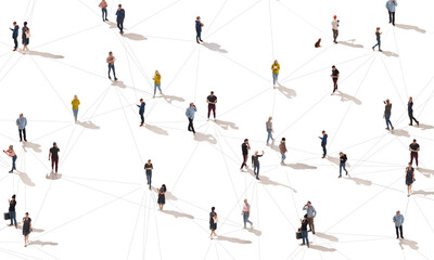 Aerial view of crowd people connected by lines, social media and communication concept. Top view of men and women isolated on white background with shadows. Staying online, internet, technologies. - Powered by Adobe