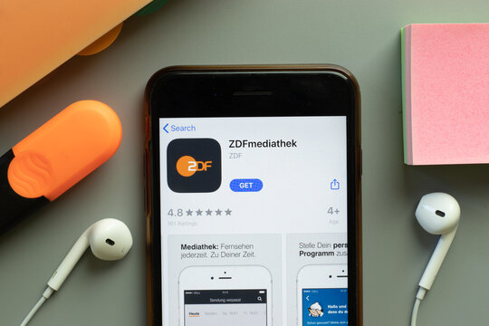 New York, USA - 1 December 2020: ZDFmediathek mobile app icon on phone screen top view, Illustrative Editorial