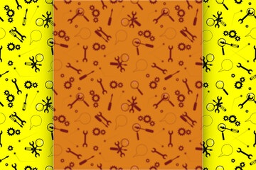 Repair service, technical support - screwdriver, wrench, magnifier, gears. Background for inscriptions, text and lettering. White blurred frosted glass effect