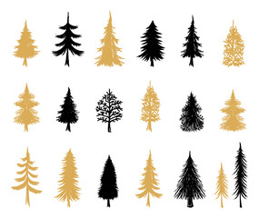 Modern Christmas Trees. Scandinavian style. Christmas holiday symbols. Winter Holiday. Hand drawn elements. Silhouettes of trees.