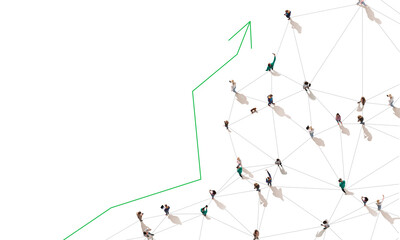 Aerial view of crowd people connected by lines, social media and communication concept. Top view of men and women isolated on white background with green arrow. Staying online, internet, technologies.