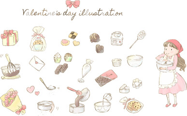 お菓子を作る女の子とバレンタインデーのイラストセット