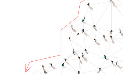 Aerial view of crowd people connected by lines, social media and communication concept. Top view of men and women isolated on white background with red arrow. Staying online, internet, technologies.
