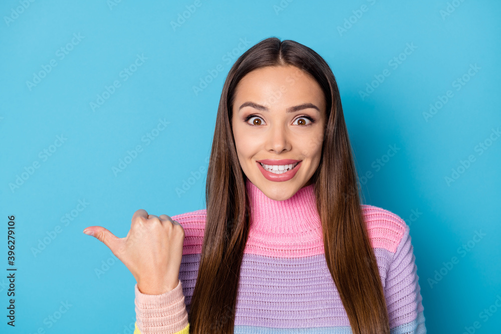 Canvas Prints Close-up portrait of pretty funny funky amazed glad cheerful long-haired girl showing copy space ad isolated bright blue color background