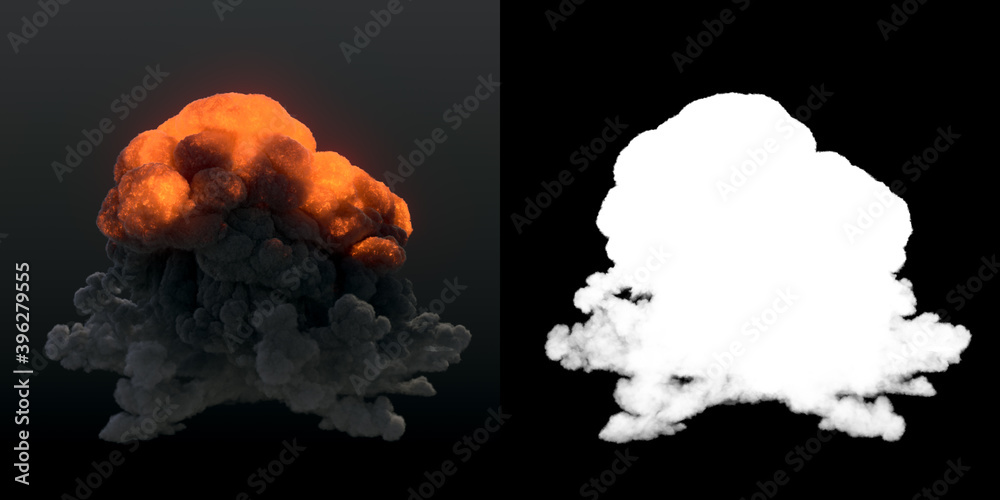 Poster Highly realistic fire explosion with dark smoke and alpha matte. 3d rendering