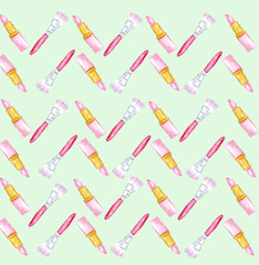 pattern background cute make-up pink lipstick and brush hand-drawn watercolor