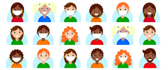 Multinational people avatars in protective face mask set. Characters with different hairstyles user online game icons. New normal health care. Stock vector flat cartoon illustration isolated on white