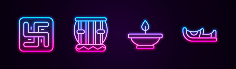 Set line Hindu swastika, Instrument tabla, Aroma lamp and Indian shoes. Glowing neon icon. Vector.