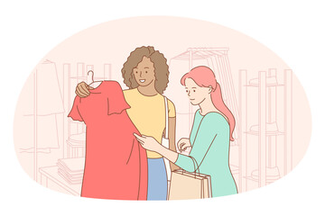 Shopping, fashion, customer concept. Young positive women cartoon characters friends choosing dress during shopping in boutique or trade center together. Style, sales, dress, clothes illustration 