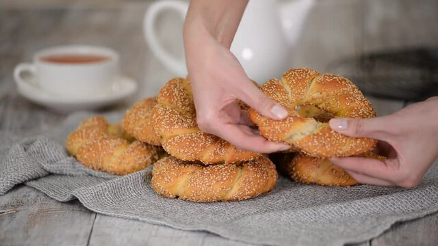 Turkish Bagel Simit with sesame, traditional pastry of Turkey.
