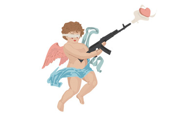 Fototapeta na wymiar The cupid is fighting for love with a gun that shot with a heart, not a bullet. He is with closed eyes as he tired from violence.