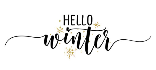 Hello Winter - Inspirational Christmas beautiful handwritten quote, gift tag, lettering message. Hand drawn winter, december phrase. Handwritten modern brush calligraphy for Xmas. Mug subtitles. © Zsuzsanna