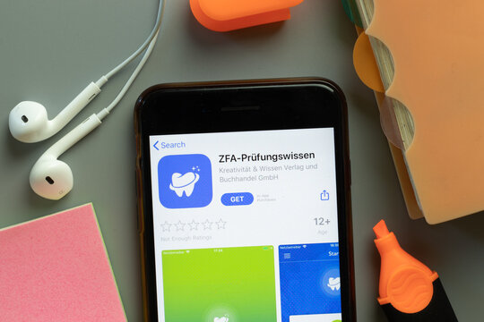 New York, USA - 1 December 2020: ZFA Prufungswissen mobile app icon on phone screen top view, Illustrative Editorial