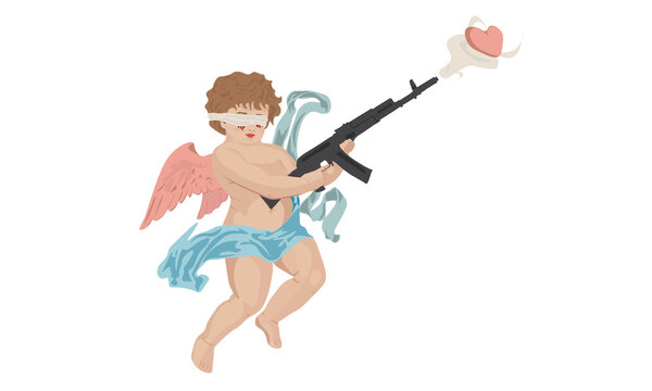 The cupid is fighting for love with a gun that shot with a heart, not a bullet. He is with closed eyes as he tired from violence.