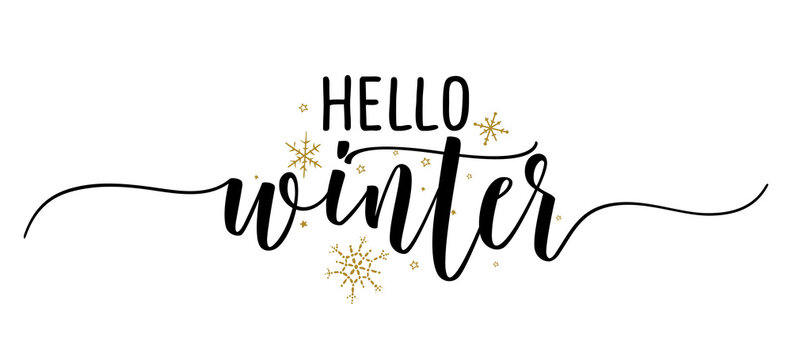Hello Winter - Inspirational Christmas beautiful handwritten quote, gift tag, lettering message. Hand drawn winter, december phrase. Handwritten modern brush calligraphy for Xmas. Mug subtitles.