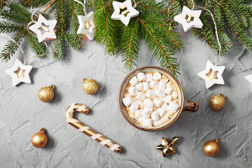 Christmas coffee cup with marshmallows. Merry christmas and new year flat lay. Winter celebrations, vacations and weekends. Christmas food and treats