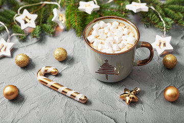 Christmas coffee cup with marshmallows. Merry christmas and new year flat lay. Winter celebrations, vacations and weekends. Christmas food and treats
