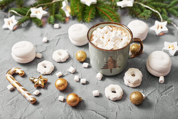 Christmas coffee cup with marshmallows. Sweets and cookies Xmas background. Merry christmas and new year flat lay. Winter celebrations, vacations and weekends. Christmas food and treats