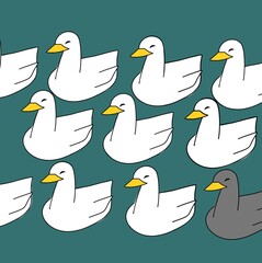 duck and ducklings illustration style cartoon animals one black isolated