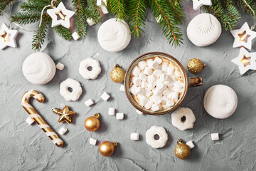 Christmas coffee cup with marshmallows. Sweets and cookies Xmas background. Merry christmas and new year flat lay. Winter celebrations, vacations and weekends. Christmas food and treats