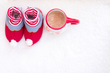 Christmas and new year decoration on white snowy backgroud