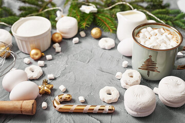 Christmas coffee cup with marshmallows. Sweets and cookies Xmas background. Merry christmas and new year flat lay. Winter celebrations, vacations and weekends. Christmas food and treats