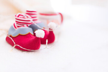 Christmas and new year decoration on white snowy backgroud