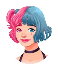 Foto op Canvas Mooi jong meisje met twee kleuren in haar haar. Vector cartoon geïsoleerd karakter © ddraw
