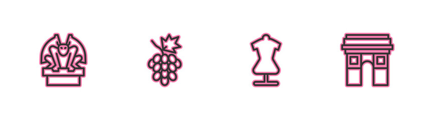 Set line Gargoyle on pedestal, Mannequin, Grape fruit and Triumphal Arch icon. Vector.