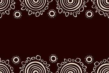 Australian aboriginal seamless horizontal border pattern with circles, crooked stripes, isolated on brown background. Endless stylish texture. Ethnic texture. Space for text. Vector color background.