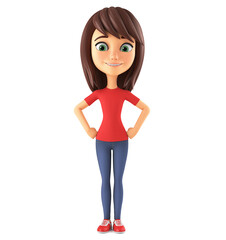 Cartoon character of a young girl in summer clothes, hands at the sides on a white background. 3d render illustration.