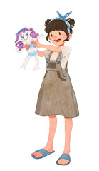 illustration of a cute girl with a doll. Happy child playing with a homemade toy. children's preschool education. cartoon character.