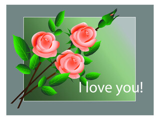 A bouquet of delicate peach-colored roses with green leaves on a gray background. Vector illustration for the design of greeting cards with the inscription I love you!