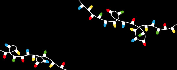 Christmas lights. Colorful string fairy light set. Lightbulb glowing garland. Corner decoration. Holiday festive xmas print. Rainbow color. Flat design. Isolated. Black background.