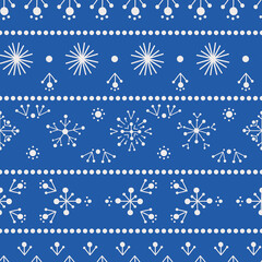 Typical winter Norwegian seamless pattern Christmas motif made of lines and dots blue background