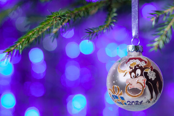 Christmas decoration - a hand-painted ball with the symbol of the Year of the Ox hanging on the Christmas tree. In the background, blurry flickering lights of a garland.