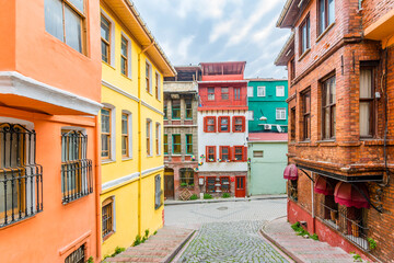 Fototapeta premium Balat district streets view in Istanbul. Balat is popular tourist attraction in Istanbul, Turkey.