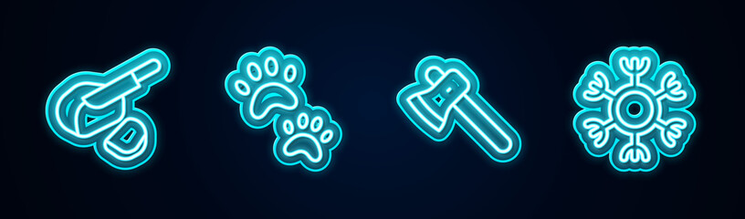 Set line Peameal bacon, Paw print, Wooden axe and Snowflake. Glowing neon icon. Vector.