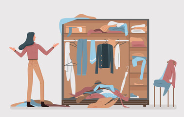 Messy closet, dressing home room interior vector illustration. Cartoon woman worried about mess in open wardrobe, standing next to pile of thrown clothes, untidy clutter fashion clothing background