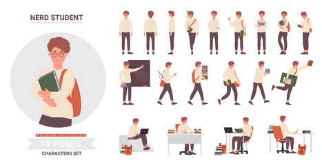 Teenager school student poses vector illustration set. Cartoon intelligent smart casual boy character with glasses, backpack and books studying and posing in front, side or back view isolated on white