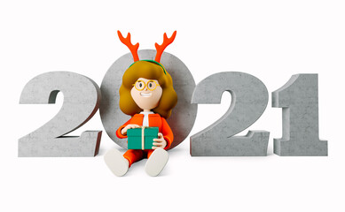 Girl Susie sits near the inscription of the new year 2021 and holds a gift. Happy new year. 3d rendering. 3d illustration. 3d character
