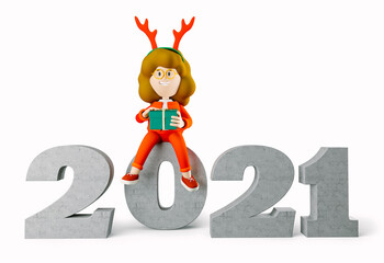 Girl Susie sits on the inscription of the new year 2021 and holds a gift. Happy new year. 3d rendering. 3d illustration. 3d character