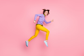 Fototapeta na wymiar Full length profile side photo of girl jump run lucky discounts wear purple clothes isolated pastel color background