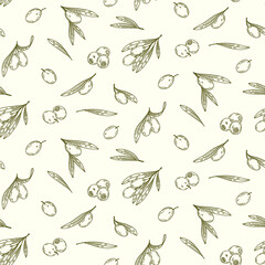 Olive branches seamless pattern. Organic food, vector doodle hand drawn sketch style illustrations collection. Botanical illustration for packaging, menu cards, posters, prints.	
