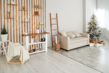 beautiful light and wooden interior of chalet. Cozy home, christmas hygge atmosphere.