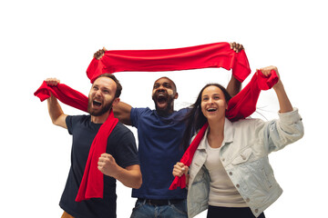 Patriotic. Multiethnic soccer fans cheering for favourite team with bright emotions isolated on white background. Beautiful caucasian women look excited, supporting. Concept of sport, fun, support.