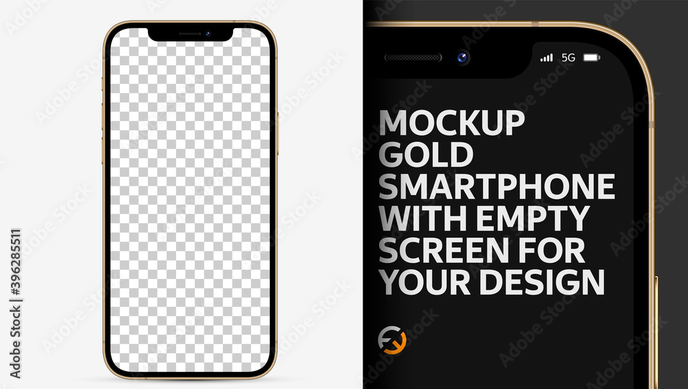 Wall mural mockup. realistic smartphone gold color with empty screen for your design. high detail image in smal