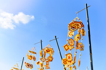 Hanging handmade hexagonal colorful knitting yarn flags. Colorful drape, Blown in the traditional...