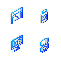 Set Isometric line Printer ink bottle, Plotter, Computer monitor screen and Carton cardboard box icon. Vector.